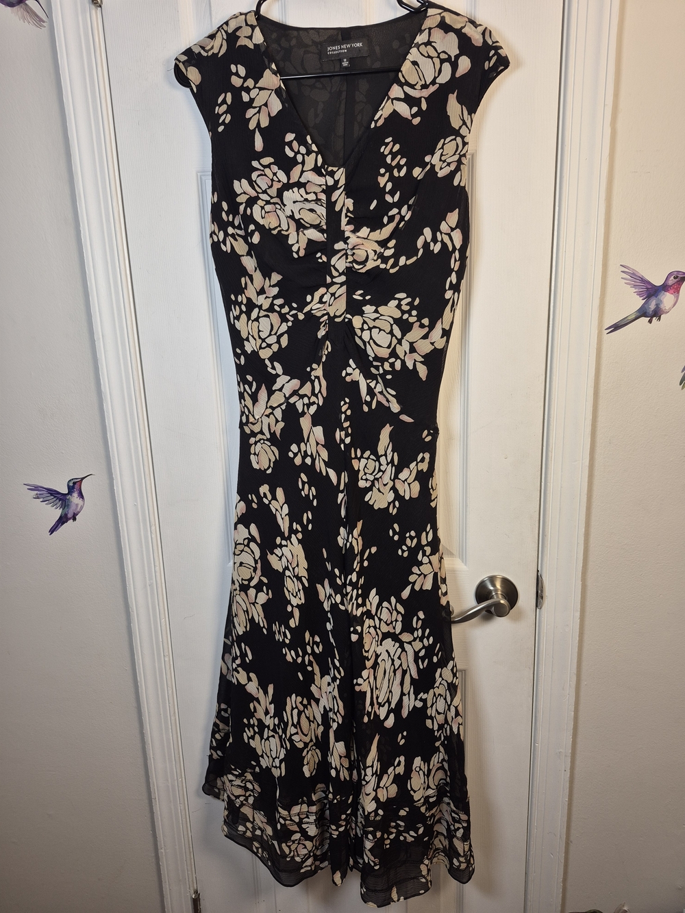Jones New York 100% Silk 90s Whimsigoth Dark Floral Ruched Midi Dress 12